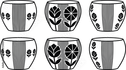 Black and white decorative flower pots with vertical stripe patterns, arranged in symmetrical rows for design, art, and pattern recognition themes.