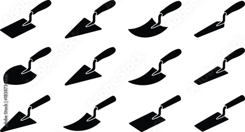 Black silhouette icon set of twelve trowel types with varied blade shapes and handles for masonry, gardening, and construction design use.