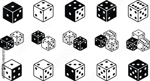 Dice icon set, black silhouette, 3D perspective, gaming tools, probability symbols, tabletop design, grayscale style, casino theme, vector graphic