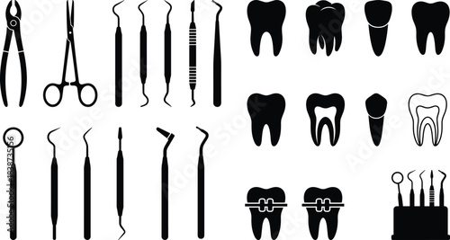Dental tools and tooth anatomy icons in black silhouette style for professional, educational, and medical use in dentistry illustrations