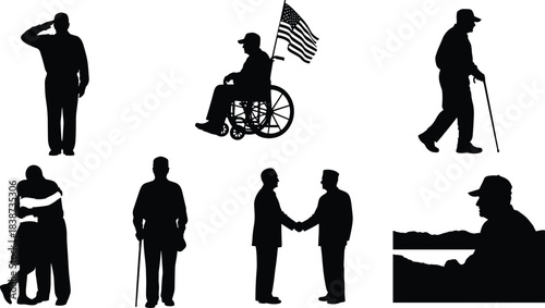 Veteran tribute silhouettes, patriotic icons, salute, wheelchair flag, handshake, embrace, cane support, black vector design, remembrance