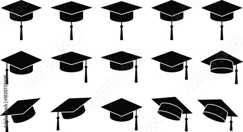 Graduation cap silhouette, academic icon, tassel design, black mortarboard, school symbol, education graphic, student achievement, ceremony vector, celebration theme