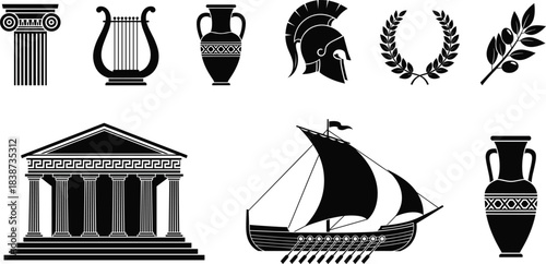 Collection of ancient Greek vector illustrations featuring classical columns, helmets, amphorae, laurel wreaths, temples, olive branches, and historic ships