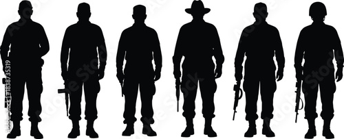 Tactical military silhouette clipart, armed soldier icons, firearm poses, diverse gear, black vector design, combat illustration