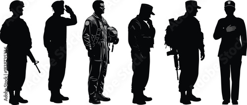Military silhouette clipart, armed forces icons, rifle salute, aviator, drill sergeant, reflective pose, black vector design