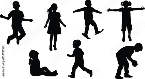 Children silhouette clipart, playful kids icons, skateboarding, jumping, bending, sitting, running, black vector design, activity poses