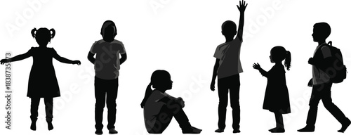 Children silhouette clipart, playful kids icons, standing, sitting, reaching, walking, backpack, black vector design, school day poses