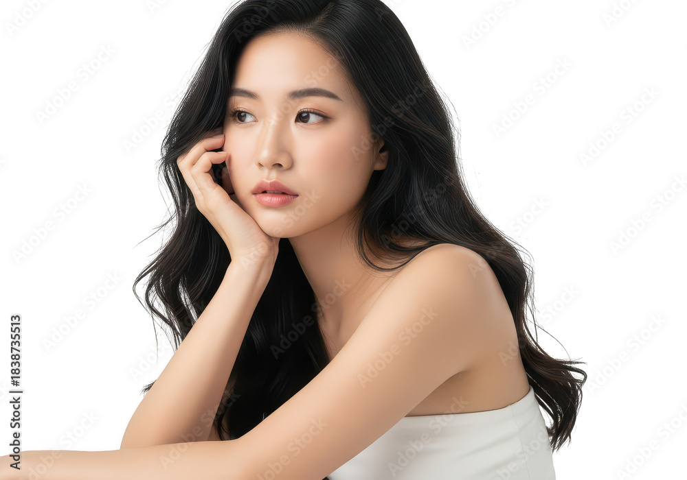 Fototapeta premium Young asian woman with long dark hair isolated on transparent background