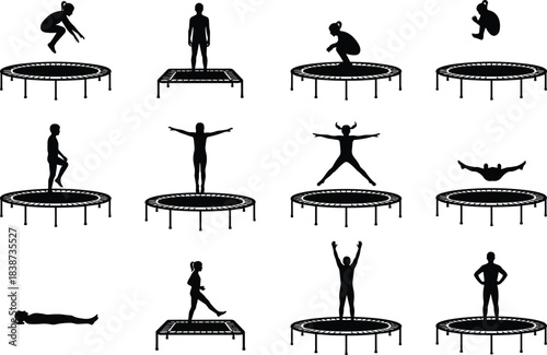 Mini Trampoline Exercise Silhouette Collection Featuring Jumping, Squatting, Stretching, and Dynamic Fitness Poses for Workout and Training Use