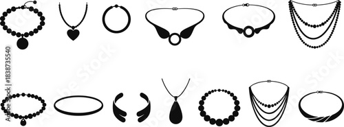 Necklace and Choker Silhouette Collection Featuring Beaded, Layered, Pendant, and Ornamental Designs for Fashion, Jewelry, and Accessory Use