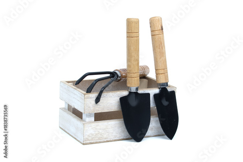 Garden Tools Set With Wooden Crate. Small Trowels and Cultivator for Planting and Gardening