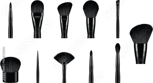 Set of Professional Makeup Brushes for Face and Eye Application – Flat, Angled, Fan, and Rounded Cosmetic Tool Collection