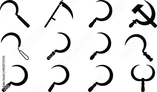 Sickle Silhouette Collection Featuring Traditional and Symbolic Designs Including Hammer and Sickle, Scythe, Curved Blades, and Agricultural Tools