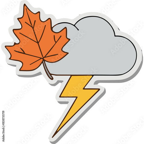 Stylized Autumn Leaf with Storm Cloud and Lightning Bolt Illustration symbolizing fall weather changes and atmospheric phenomena with vibrant orange and yellow against a gray backdrop