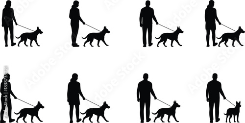 Silhouettes of People Walking Dogs on Leashes in Various Poses and Styles for Pet, Lifestyle, and Design Concepts