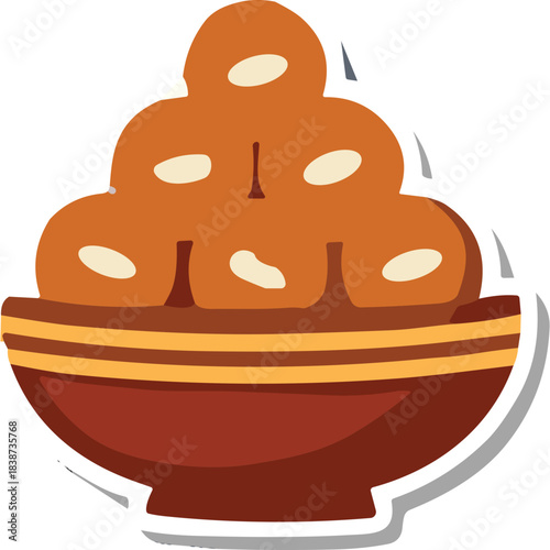 Stack Of Sweet Round Ladoo Desserts In A Traditional Bowl With Yellow And Brown Stripes On A White Background