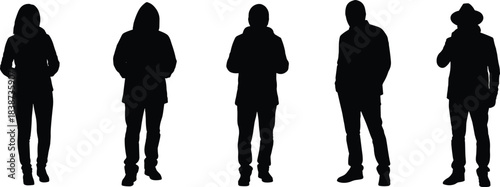 Silhouette, standing people, urban fashion, casual pose, black outline, streetwear, hoodie, jacket, hat, posture, youth, modern, trendy, 