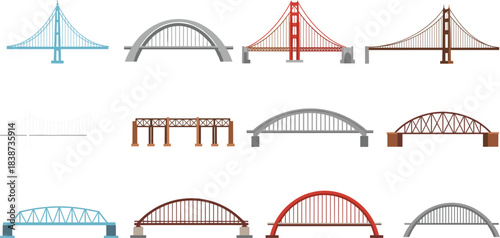 Collection of diverse bridge vector illustrations featuring suspension, arch, truss, and modern bridge designs for engineering and construction themes.