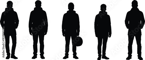 Silhouette, hooded figures, standing pose, black outline, helmet, urban style, casual wear, symmetry, posture, youth, fashion, anonymity, streetwear, 