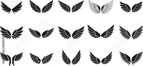 Collection of elegant angel and bird wing vector icons featuring feathered silhouettes, symmetrical designs, flying shapes, and decorative elements