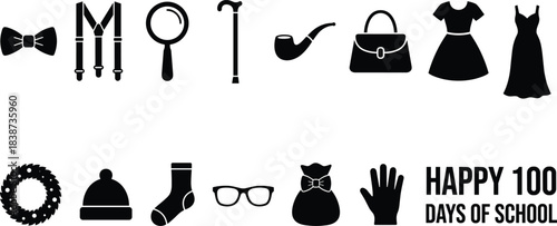Vintage accessory icon set with school-themed silhouettes including dress, cane, glasses, and “100 days” celebration for educational designs