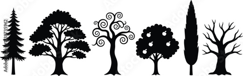 Tree silhouettes, stylized tree icons, botanical diversity, forest shapes, nature design, black trees, isolated foliage, artistic trees, vector illustration, branching patterns