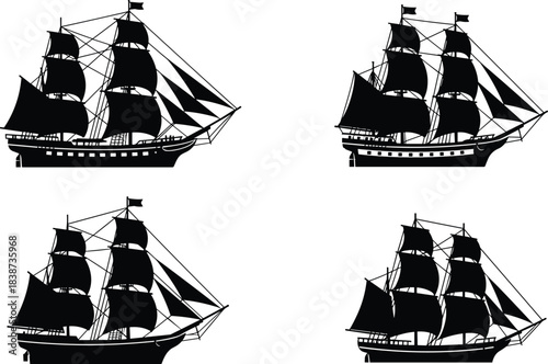 Vintage Sailing Ship Silhouette Collection Featuring Multi-Mast Vessels, Historic Hulls, and Nautical Designs for Maritime, Art, and Education Use