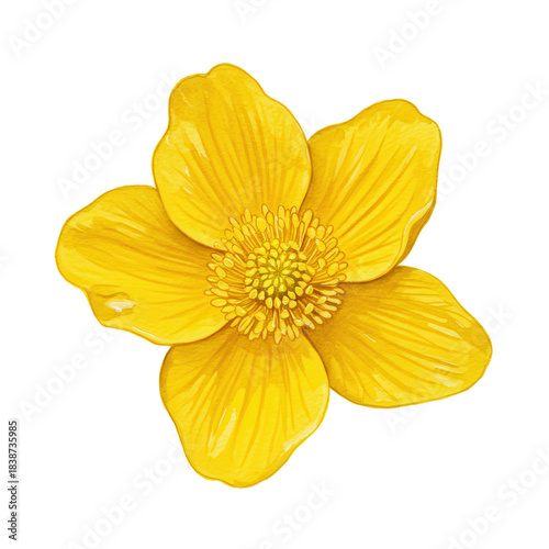 Vivid watercolor painting of a bright yellow buttercup flower in full bloom isolated on white background