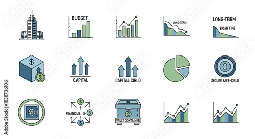 A collection of financial and business icons depicting investment, growth, budget, capital, and security concepts.
