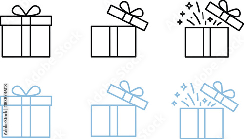Gift box icon set, black and blue outline, open surprise stages, celebration concept, vector illustration, isolated, minimal design
