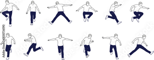 Collection of male athlete vector illustrations showing dynamic running, jumping, and action poses for sports, fitness, and motion design