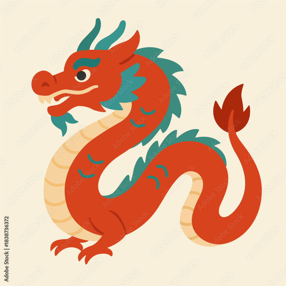 Obraz premium Illustration of Red Chinese Dragon With Teal Mane