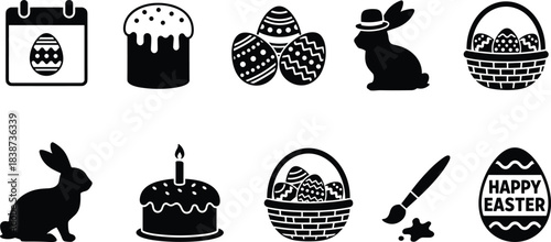 Black Silhouette Easter Holiday Spring Celebration Icon Set Vector Graphic Illustration Elements: Bunny, Eggs, Cake, Calendar, Basket, Paint Brush, Kulich.