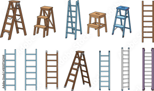 Collection of various ladder and step stool vector illustrations featuring wooden and metal designs for construction, home improvement, and safety use