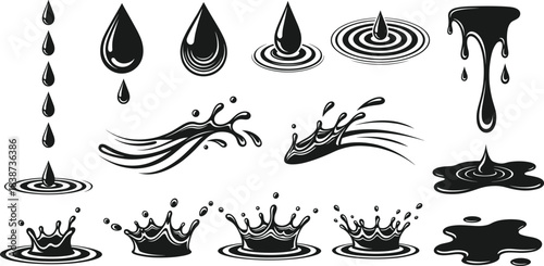 Collection of water drop and splash vector illustrations featuring liquid droplets, ripples, splatters, and dynamic flowing motion designs
