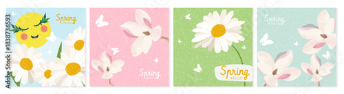 Set of four cute square vector backgrounds for spring. Features daisies, magnolias, and a happy sun in a textured, pastel style. Perfect for social media, cards, and web design.
