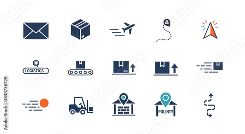Modern flat design icons for logistics, shipping, and delivery, featuring mail, packages, air transport, tracking, warehouse operations, and destination points in a supply chain.