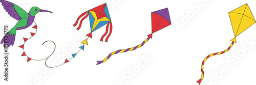 Colorful vector illustration of hummingbird flying alongside decorative kites with vibrant tails for festive and creative designs