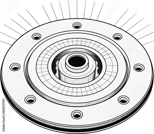 Rotary system hub, bearing assembly drawing, mechanical component vector, gear housing sketch, industrial machinery design, CAD illustration, engineering graphic