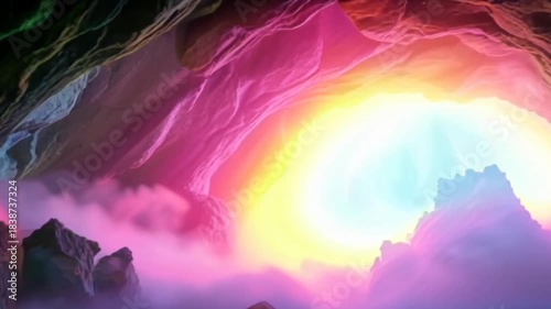 Ethereal Rainbow Light Portal in Mystical Cave Entrance