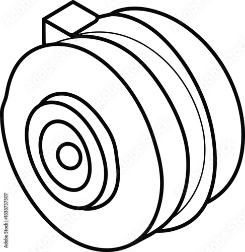 Pulley wheel assembly, mechanical component, isometric view, technical flat sketch, vector illustration, cad drawing, rotating machinery, engineering design, template