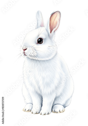 Stunningly detailed portrait of a fluffy white rabbit with expressive dark eyes sitting patiently against a deep black background