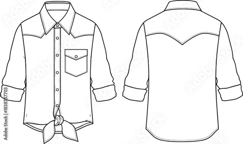 Button-up shirt technical sketch, front and back view, flat vector, cad drawing, fashion design, garment construction, apparel template, sewing illustration
