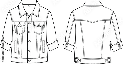 Denim jacket technical sketch, front and back view, flat vector, cad drawing, fashion design, garment construction, apparel template, sewing illustration