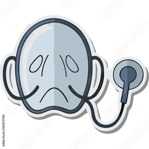 Stylized cartoon sad face wearing stethoscope on black background illustration