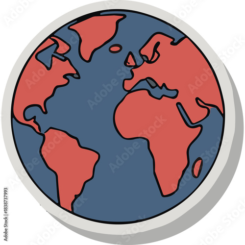 Stylized Earth Globe Graphic With Continents In Red And Blue Colors Featuring A White Border And Subtle Shadows