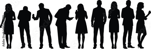 Group of people silhouettes using mobile phones vector collection, men and women standing with smartphones, communication, technology, and social media icons, black silhouette crowd set.