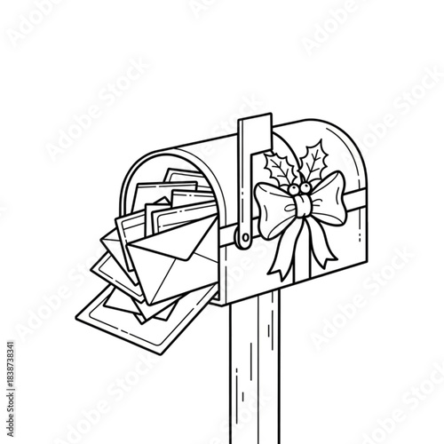 Christmas mailbox filled with holiday letters and cards line art.