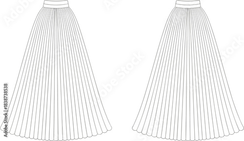 Pleated skirt, front view comparison, technical flat sketch, fashion cad, vector illustration, garment construction, flared silhouette, apparel template