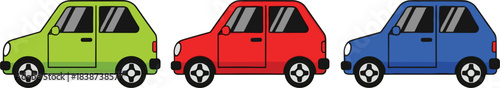 Vector illustration set of colorful small cars featuring simple cartoon-style vehicles in green, red, and blue for transport designs